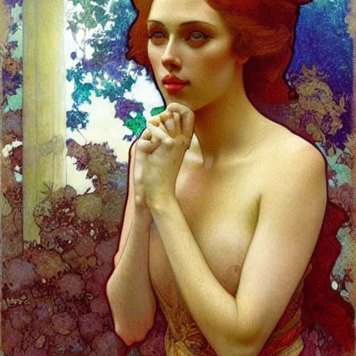 Image similar to “Scarlett Johansson portrait, Alfons Maria Mucha”