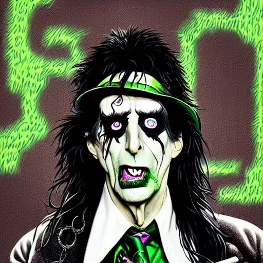 Image similar to graphic illustration, creative design, alice cooper as the riddler, biopunk, francis bacon, highly detailed, hunter s thompson, concept art