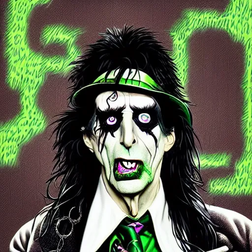 Prompt: graphic illustration, creative design, alice cooper as the riddler, biopunk, francis bacon, highly detailed, hunter s thompson, concept art