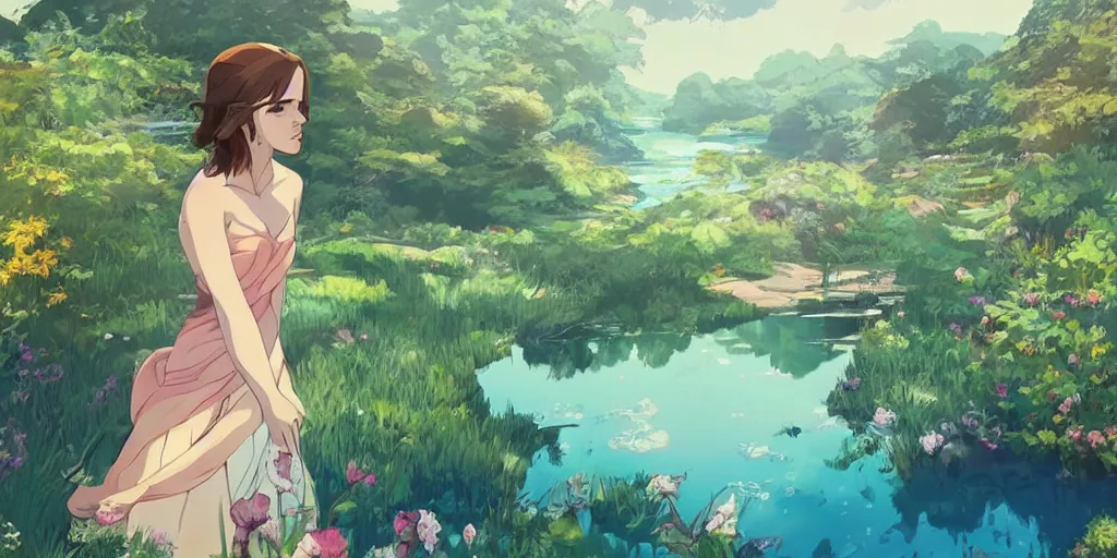 Prompt: emma watson in front of a lake with gardens and waterfall vibrant highlights sharp contrast trending pixiv fanbox by alex ross by victo ngai james gurney makoto shinkai takashi takeuchi studio ghibli