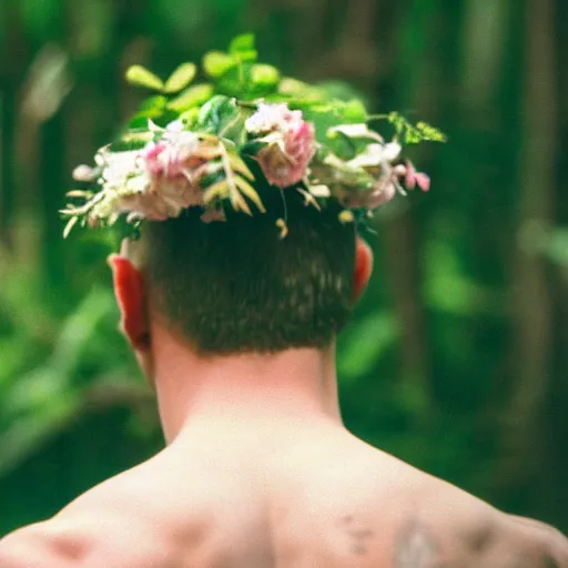 Image similar to close up kodak portra 4 0 0 photograph of a skinny guy with short blonde hair standing in a dark exotic jungle, back view, flower crown, moody lighting, telephoto, 9 0 s vibe, blurry background, vaporwave colors, faded!,