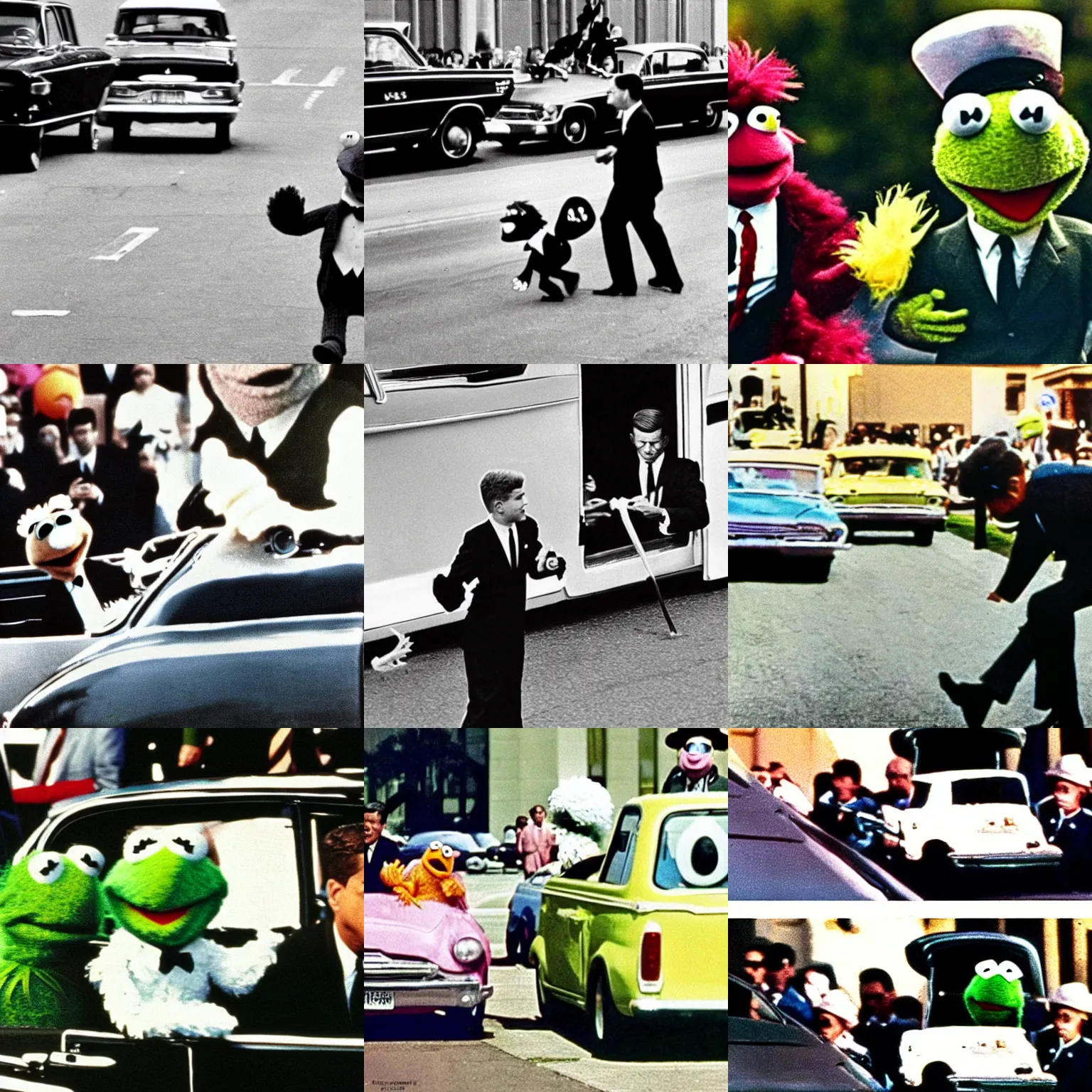 Prompt: “photography of the Muppet JFK Assassination, 1963, colorized”