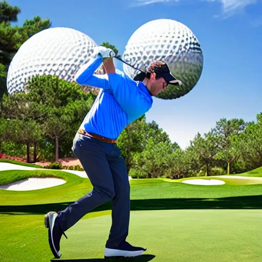 Image similar to a giant playing golf using the spaceship earth attraction at epcot as the ball in real life, highly detailed, extremely high resolution, ultra realistic