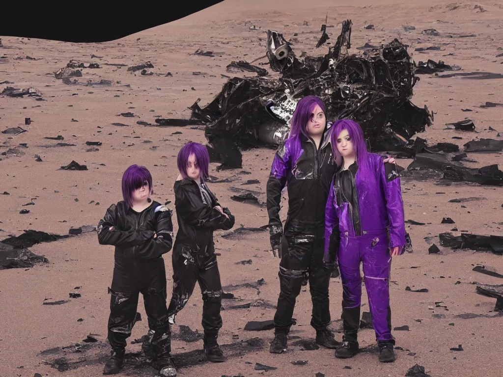 Prompt: two chubby teenagers with emo haircuts wearing gothy purple and black space spandex suits, standing next to smashed burning spacecraft wreckage, on the surface of mars, highly detailed, dramatic lighting, photorealistic, cinematic