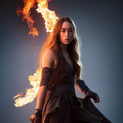 Image similar to full body of alycia debnam carey as a pyromancer , aruze colour aura, dreamwalker, EOS R5, f/2.8, HDR, studio light, medium close shot, dynamic pose, award winning photograph, Michelangelo style