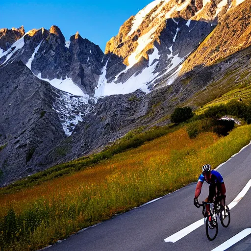 Prompt: lance armstrong cycling in the pyrenees mountains, sunset, vista, daunting, speed