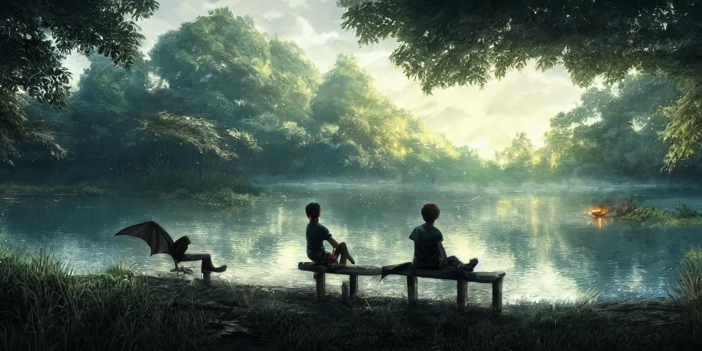 Image similar to a big silver dragon and a boy sitting next to lake in forest, many fireflys, at night, concept art, dof, cryengine, digital art, detailed background, makoto shinkai