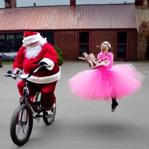 Prompt: A fat and tattooed Santa Claus rides an undersized pink bike while chasing a pink tutu-wearing Christmas elf at a chocolate factory.