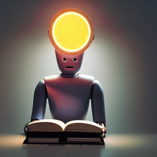 Image similar to futuristic lonely humanoid robot with huge comically sad OLED eyes and open rectangular mouth sits facing left reading a hardbound leather book on a comfortable midcentury chair. Cinematic Lighting, Cinematic Movie Photograph, Arri Alexa, Extremely Detailed, smooth, very very clean, simple, 8K, octane render, maya render, unreal engine, trending on artstation, DSLR