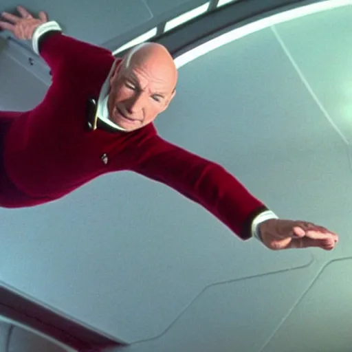 Prompt: Captain Picard jumping from the Starship enterprise
