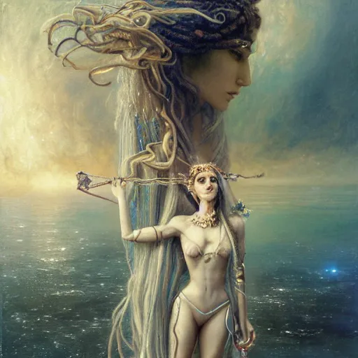 Image similar to techno mystic goddess princess intergalactica, goddess inanna, ashteroth, with aqua neon rapunzel dreadlocks, mami wata, detailed, by gaston bussiere, bayard wu, greg rutkowski, h. r. giger, greg rutkowski, sandro botticelli, masterpiece, sharp focus,