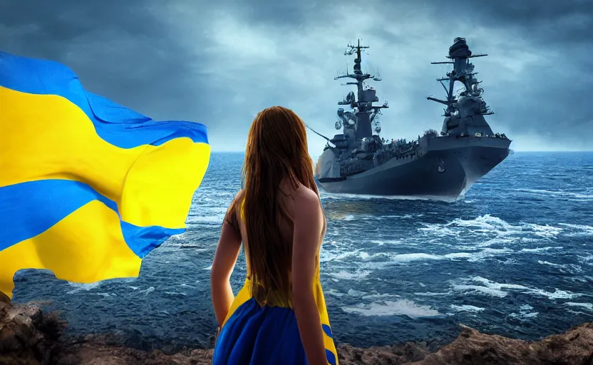 Prompt: view from behind of a girl in national blue and yellow dress with beautiful hair holding a Ukrainian flag and standing on a shore and facing a huge realistic detailed Russian warship on the horizon. She is ready to fight. Ukrainian flag on the left side, concept art, сinematic lighting, insanely detailed, smooth, sharp focus, Artstation, 8k, unreal engine, hyper-realistic, bright background, moonlight, volumetric lighting, octane render, digital illustration by Ruan Jia and Mandy Jurgens and Artgerm and Wayne Barlowe and Greg Rutkowski and Zdislav Beksinski