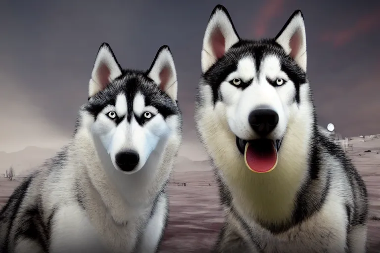 Prompt: a photograph of a red eyed and very scary husky. the husky has red eyes. it is drooling, looking away from the camera. the husky has distinct red eyes. the whole husky is visible in frame. anatomically correct husky. polar setting, red horror eyes, wasteland background, ominous sky. octane render, extreme detail, super symmetrical photograph, 8 k