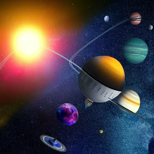 Prompt: photorealistic concept art of a space craft, flying througggh the solar system, colorful, photorealism.