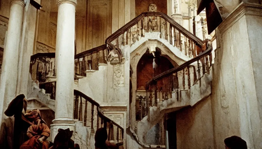 Image similar to movie still by tarkovsky of caligula poniard to death by senators on ancient stairs, cinestill 8 0 0 t 3 5 mm, high quality, heavy grain, high detail, dramatic light, ultra wide lens, anamorphic