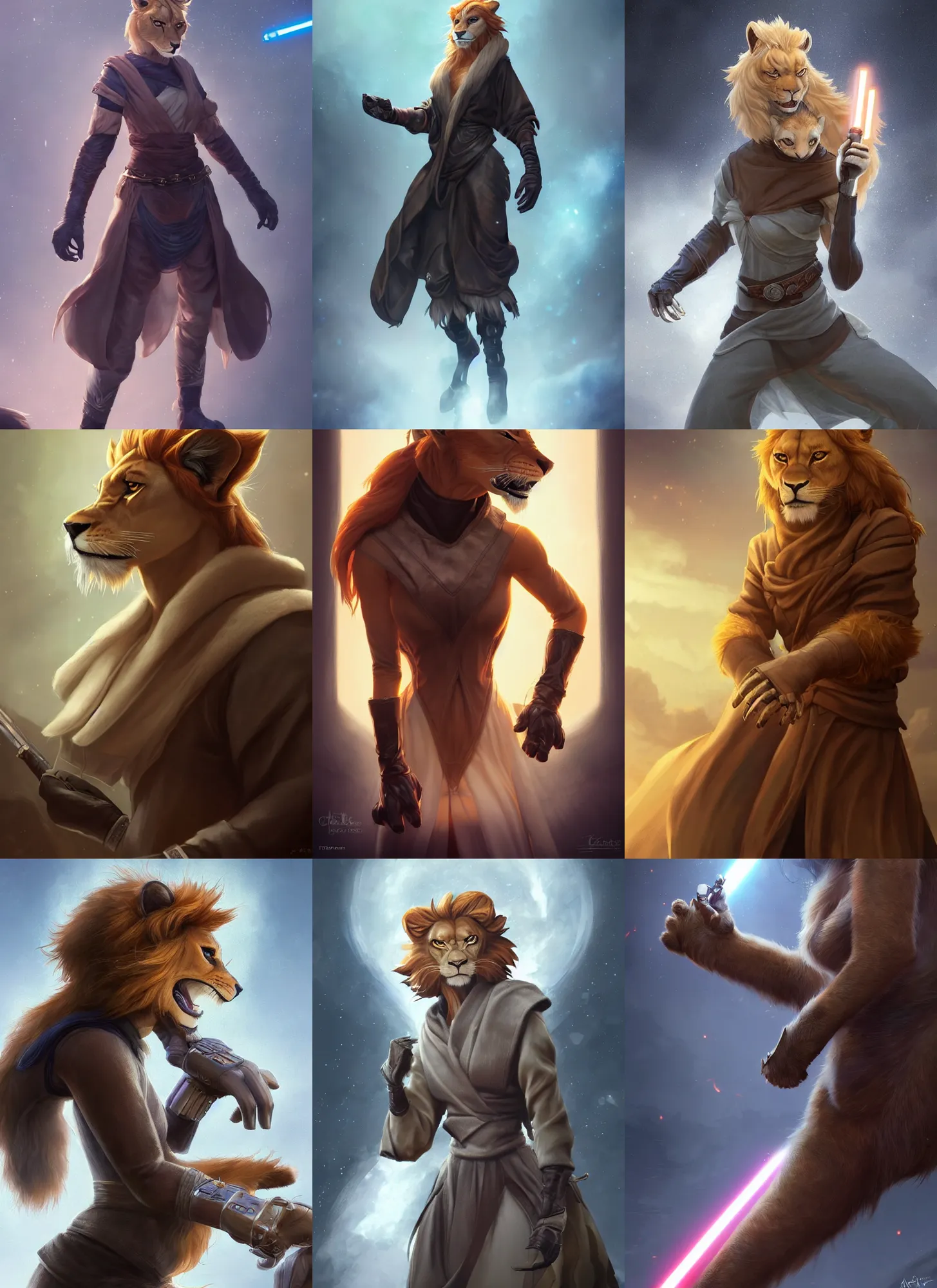 Prompt: beautiful portrait of a female anthropomorphic lioness fursona wearing jedi robes. leather gloves. angry aggressive combat stance. character design by charlie bowater, ross tran, artgerm, and makoto shinkai, detailed, soft lighting, rendered in octane