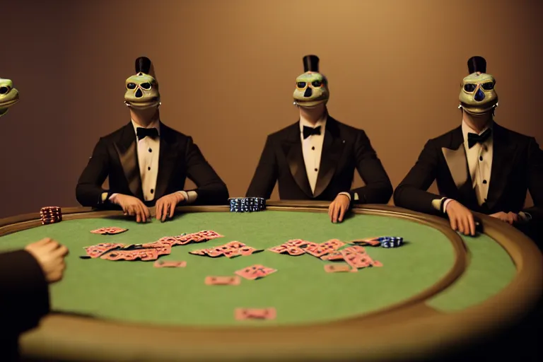 Image similar to hyperrealism simulation highly detailed human turtles'wearing detailed tuxedos and smoking, playing poker in hyperreilsm scene from cyberpunk movie from future by wes anderson and denis villeneuve and mike winkelmann rendered in blender and octane render