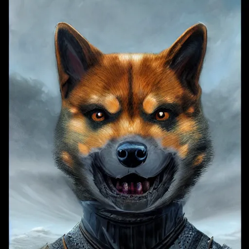 Image similar to wearing witcher 3 black armor, anthropomorphic shiba inu, shiba inu face, stuning 3 d render, masterpiece, glowing aura, by donato giancola and greg rutkowski and wayne barlow and zdzisław beksinski, realistic face