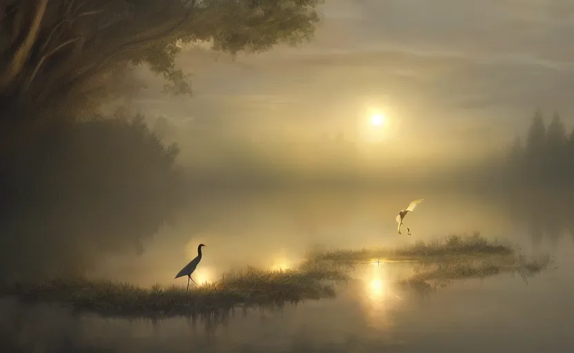 Prompt: digital oil painting of a fairy riding a heron high over a misty nighttime lake, ambient lighting, light bloom, cool lighting, trending on artstation