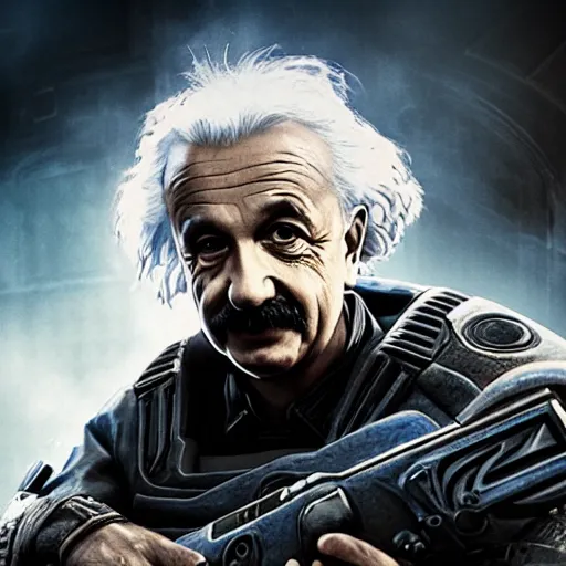 Image similar to Portrait of Albert Einstein in Gears of War, splash art, movie still, cinematic lighting, dramatic, octane render, long lens, shallow depth of field, bokeh, anamorphic lens flare, 8k, hyper detailed, 35mm film grain