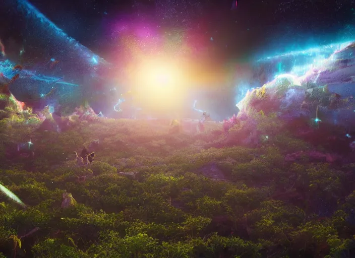 Prompt: a photo of giant interdimensional fractal creatures falling from the sky in the distance, on a bright day, a vast landscape with lush hills, dust particles, natural lighting, natural color palette, awe inspiring, wide angle, cinematographic, subtle lens flare