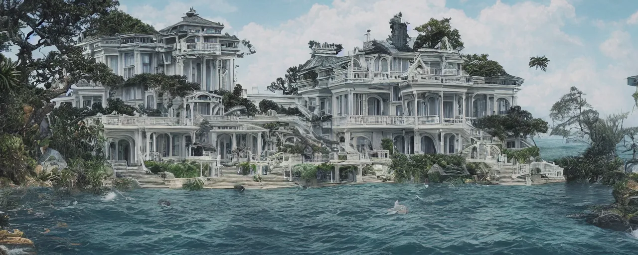 Prompt: a mansion on the seaside designed by James Jean, photorealistic