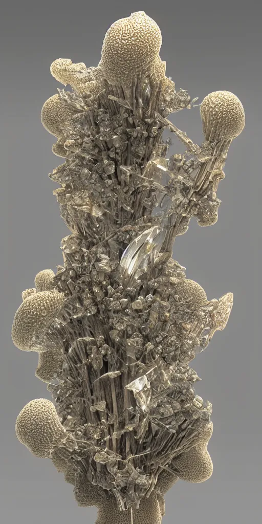 Prompt: 3 d render of a carved shibary crystal infected by mushroom, sculpture, with thorns, raytraced, volumetric lightning, 8 k, by zhelong xu, ouchh, erst haeckel