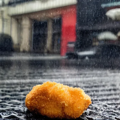 Image similar to Photo of a chicken nugget smoking a cigarette in the rain