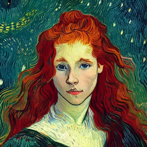 Prompt: sharp, intricate fine details, breathtaking, digital art portrait of a red haired girl with long hair and green eyes softly smiling in a dreamy, mesmerizing scenery with fireflies, art by vincent van gogh