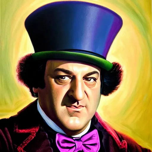 Prompt: portrait of tony soprano as willie wonka in willie wonka and the chocolate factory : willie wonka, film still, detailed realism face in painting, detailed beautiful portrait, oil painting masterpiece, 8 k resolution, smooth, sharp focus, trending on artstation, by rembrandt