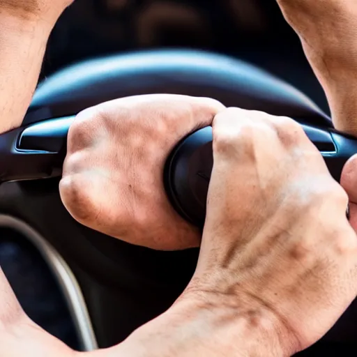 Image similar to extremely muscular and vascular hand gripping a steering wheel tightly, first person pov, detailed, 4 k