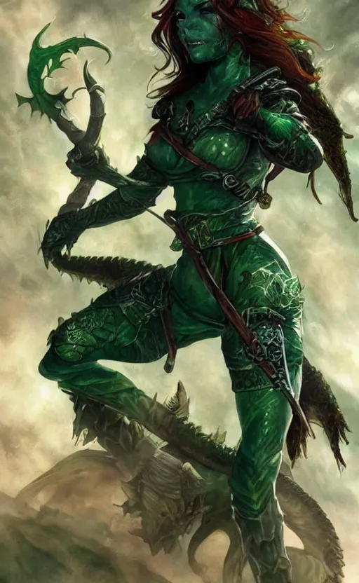 Image similar to epic fantasy d & d female halfling rogue riding on top of a green dragon, green dragon, waterdeep, black hair, red leather corset, cinematic, beautiful lighting, heroic