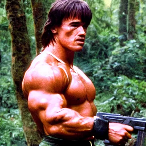 Prompt: a photo of arnold schwarzenegger as rambo, in the jungle, sweat, little dirty, high details