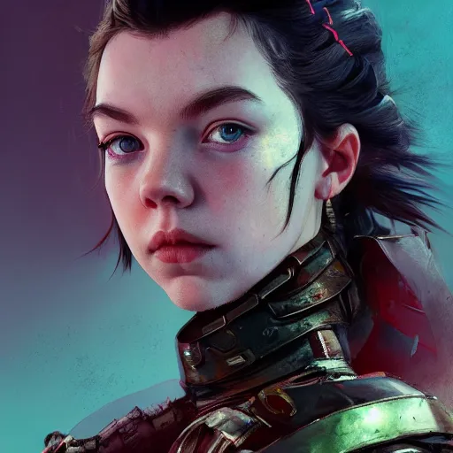 Image similar to anya taylor - joy portrait, dystopia core, apocalyptic, armor, warrior, dramatic, sharp focus, fiction, neon, fantasy, hyper detailed, digital art, trending in artstation, cinematic lighting, studio quality, smooth render, unreal engine 5 rendered, octane rendered, art style and nixeu and wlop and krenz cushart