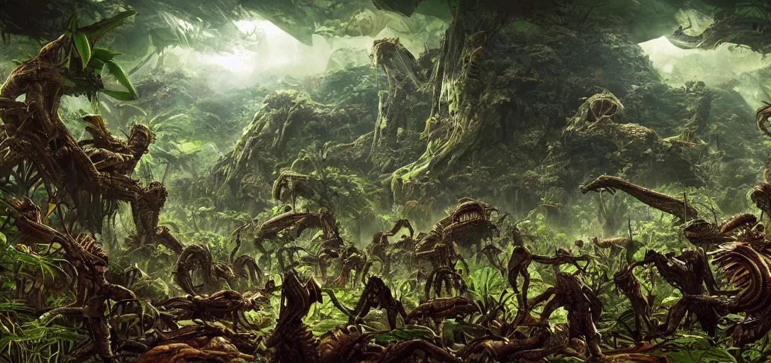 Image similar to alien hive in the exotic jungle, landscape, alex ross, neal adams, david finch, concept art, matte painting, highly detailed, rule of thirds, dynamic lighting, cinematic, detailed, denoised, centerd