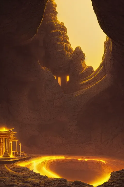 Prompt: yellow glowing ancient temple in a cave, star trails, dramatic lighting, artstation, matte painting, filip hodas, ralph mcquarrie