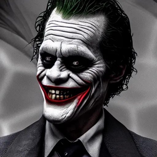 Image similar to willem dafoe as the joker, movie poster, superrealism, quality, post - production, image depth, focus, fine details, skin pores, makeup, 8 k