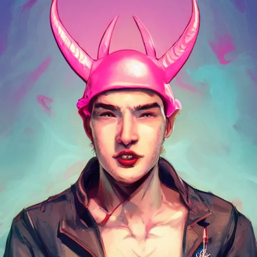 Image similar to a young man with hot pink skin, horns, a rat on his shoulder, tinfoil hat, full plate, short dark hair, exasperated, character art, full body art, dungeons and dragons, d & d, trending on artstation, artgerm, 4 k ultra hd, sharp focus, digital art by ilya kuvshinov and ross tran