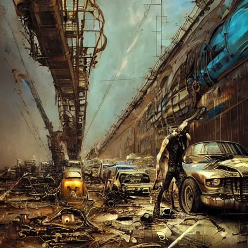 Image similar to mad max rockatansky, wires cybernetic implants, abandoned steelworks, grime and grunge, in the style of adrian ghenie, esao andrews, jenny saville,, surrealism, dark art by james jean, takato yamamoto