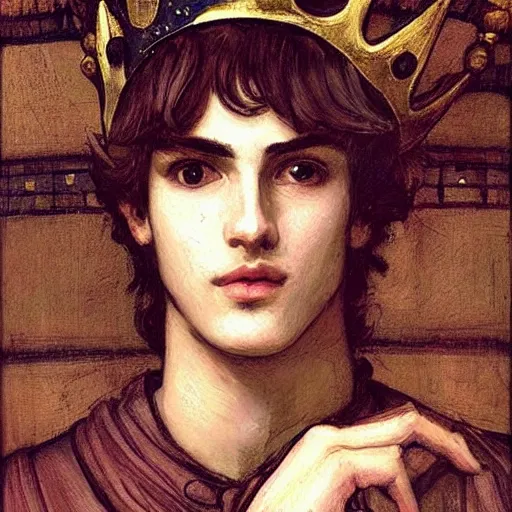 Image similar to painting of handsome beautiful medieval prince in his 2 0 s named shadow wearing a golden crown, elegant, soft facial features, clear, sharp focus, painting, stylized, art, art by john william waterhouse