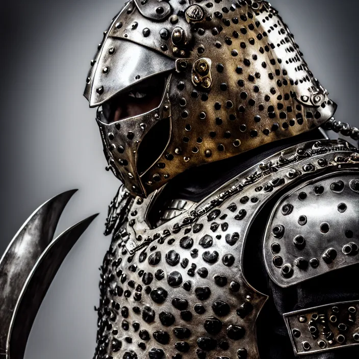 Prompt: portrait photograph of a real-life warrior with metal jaguar armour. Extremely detailed. 8k