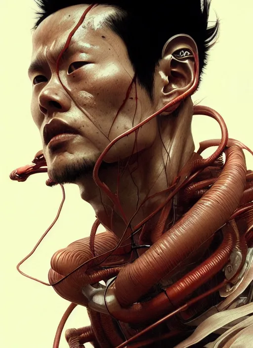 Prompt: Portrait of Tetsuo from Akira, muscular, cables, techwear, intricate, cyberpunk, highly detailed, digital painting, artstation, concept art, smooth, sharp focus, illustration, art by artgerm and greg rutkowski and alphonse mucha