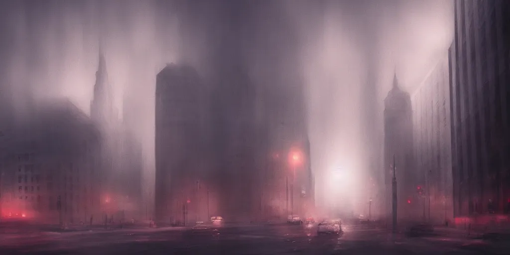 Prompt: city in fog, a bit of red light, mood, concept art