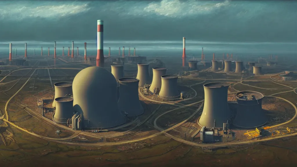 Prompt: A nuclear power plant in utopia by Simon Stålenhag and J.M.W. Turner, oil on canvas; Nuclear Fallout, Art Direction by Adam Adamowicz; 4K, 8K drone shot ; Ultra-Realistic Depth Shading;