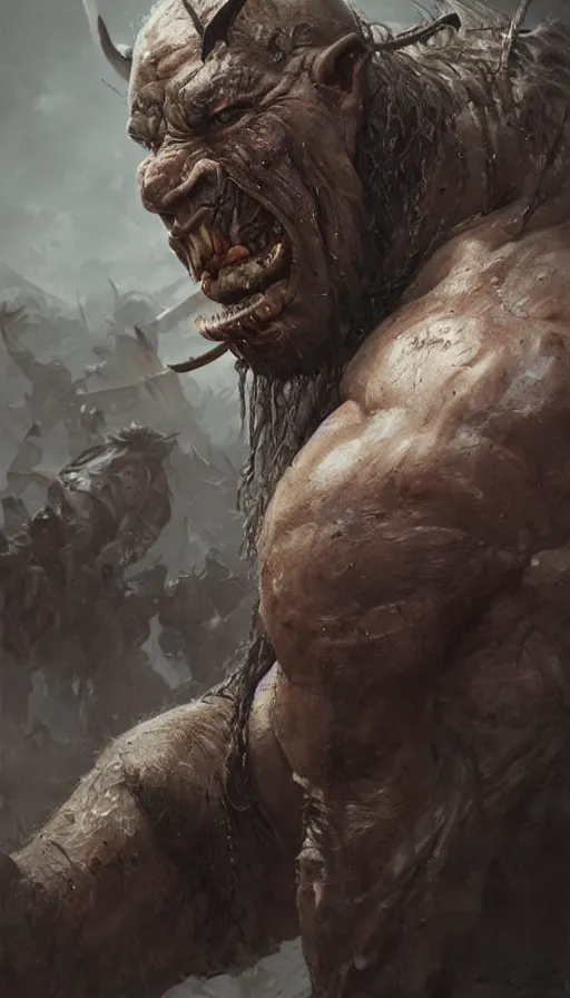 Prompt: Portrait of a battle-scarred orc, male, detailed face, fantasy, highly detailed, cinematic lighting, digital art painting by greg rutkowski