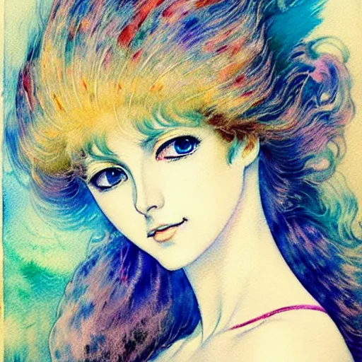 Prompt: vintage 7 0 s anime watercolor by karol bak, a portrait of a lady with colorful face - paint enshrouded in an impressionist watercolor, representation of mystic crystalline rift fractals in the background by william holman hunt, art by cicley mary barker, thick impressionist watercolor brush strokes, portrait painting by daniel garber, minimalist simple pen and watercolor