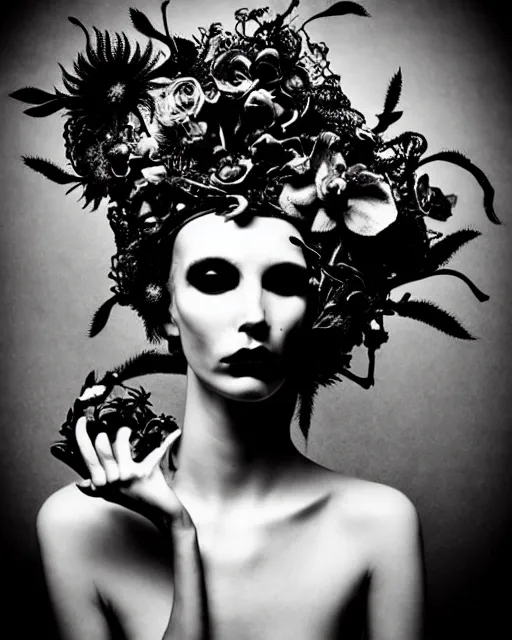 Image similar to surreal dark poetic black and white photo portrait of complex bio-mechanical beautiful young silver female vegetal-cyborg with a fur metal fine lace face, a very long neck and a fine metal floral foliage super big gothic lace collar and high floral crown by Vivienne Westwood:: smoke, high fashion, haute couture, rococo, avant-garde, dry black roses, silver filigree details, anatomical, facial muscles, cable wires, microchip, elegant, dreamy, foggy atmosphere, hyper realistic, 150 mm lens, soft rim light, octane render, unreal engine, picture was taken in 1910 by Man Ray, volumetric lighting, dramatic light,8k,