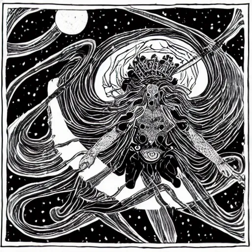 Prompt: black and white pen and ink!!!!!!! Suprani!!!!! wizard Nick Drake wearing High Cosmic print robes made of stars flaming!!!! final form flowing ritual royal!!! Vagabond!!!!!!!! floating magic swordsman!!!! glides dancing through a beautiful!!!!!!! Camellia!!!! Tsubaki!!! death-flower!!!! battlefield behind!!!! dramatic esoteric!!!!!! Long hair flowing dancing illustrated in high detail!!!!!!!! by Hiroya Oku!!!!!!!!! graphic novel published on 2049 award winning!!!! full body portrait!!!!! action exposition manga panel black and white Shonen Jump issue by David Lynch eraserhead and beautiful line art Hirohiko Araki!! Frank Miller, Kentaro Miura!, Jojo's Bizzare Adventure!!!! 3 sequential art golden ratio technical perspective panels horizontal per page