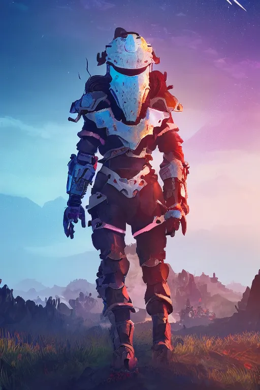 Image similar to combination suit armor aloy horizon forbidden west horizon zero dawn radiating a glowing aura global illumination ray tracing hdr fanart arstation by ian pesty and alena aenami artworks in 4 k tribal robot ninja mask helmet backpack