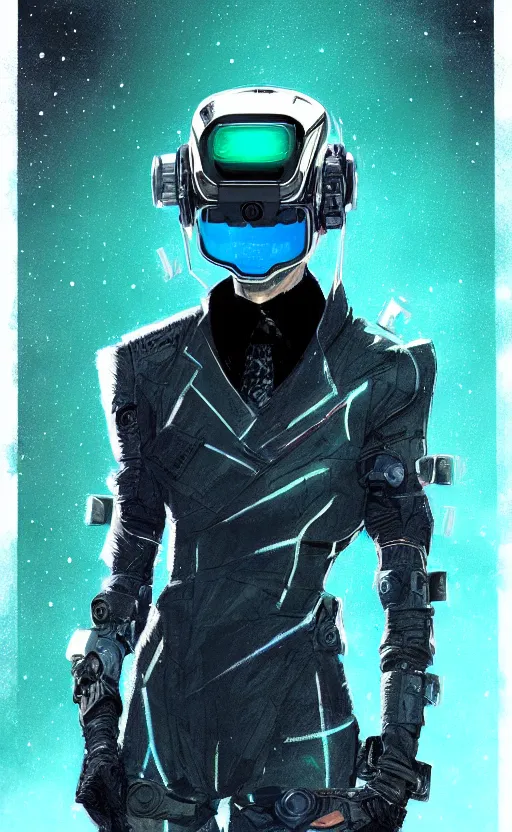 Image similar to wearing the cyberpunk vr helmet of the northern star, fashion, fancy suit, cosmic nova, expensive clothing, professional, teal helmet, illustration, style of yoshitaka amano, illustration, artstation, pixiv